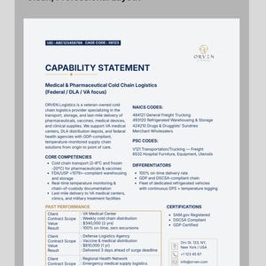 May include: A white capability statement document for ORVEN Logistics, a medical and pharmaceutical cold chain provider. The text details core competencies, NAICS and PSC codes, past performance metrics, and contact information in a professional layout.