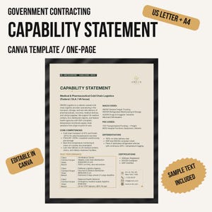 Op de afbeelding: Een Canva-sjabloon van één pagina voor een capability statement voor overheidsopdrachten met zwarte tekst op een lichtbeige achtergrond. Het document bevat secties voor kerncompetenties, NAICS-codes, PSC-codes en eerdere prestaties.