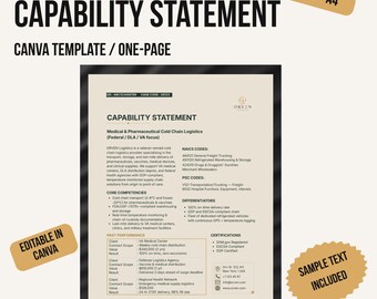 Plantilla editable de una página para la declaración de capacidades en Canva – Contratos gubernamentales, pequeñas empresas (descarga digital)