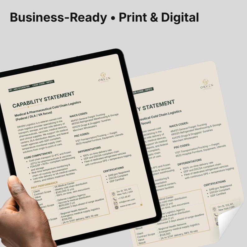 May include: A digital tablet displaying a beige Orven Logistics capability statement document with black text, alongside a printed paper copy of the same document. The text includes sections for core competencies, NAICS codes, and certifications.