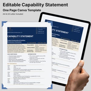 May include: An editable capability statement template for Canva, presented as a one-page document in A4 and US Letter sizes. The document features a dark blue header with the text Capability Statement, company details, and sections for core competencies, differentiators, and past performance.