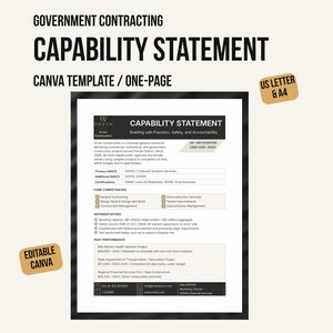 May include: A one-page government contracting capability statement Canva template in US Letter and A4 sizes. The document features sections for company information, NAICS codes, core competencies, differentiators, and past performance data.
