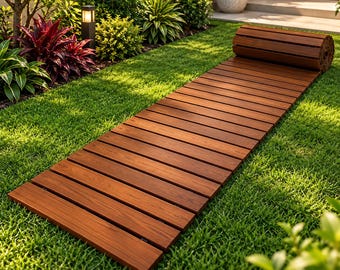 Roll Up Wooden Garden Walkway, Dark Brown Outdoor Path, Weather Resistant Wood Garden Mat, Non Slip Lawn and Patio Walkway