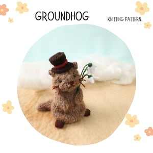 May include: Knitting pattern for a brown crocheted groundhog wearing a brown top hat with a red band and holding a bunch of white snowdrop flowers. The groundhog is sitting on a tan surface with a blue sky and white clouds in the background.