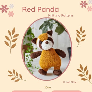 May include: Knitting pattern for a red panda toy. The pattern includes instructions for using mustard, white, and dark brown yarn to create a 20cm tall stuffed animal. The pattern also includes a list of additional materials and tools needed for the project.