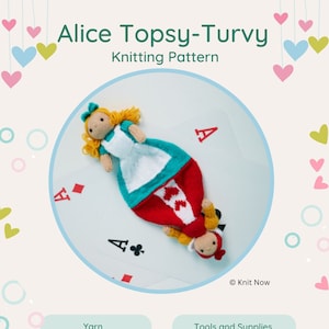 Puede incluir: Un patrón de tejido para una muñeca caprichosa con temática de Alicia en el País de las Maravillas. La muñeca está hecha de hilo de varios colores, incluyendo azul cielo, blanco, rojo, amarillo, verde amarillo, melocotón y marrón oscuro. El patrón incluye instrucciones para tejer el cuerpo, el vestido y el cabello de la muñeca, así como para crear los accesorios de la muñeca. El patrón también incluye una lista de las herramientas y los suministros necesarios para completar el proyecto.