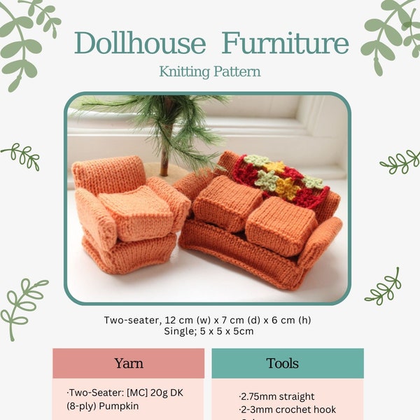 Dollhouse Furniture Knitted Sofa; Single and Two-Seater Knitting Pattern PDF