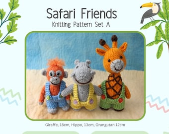 KNITTING PATTERN PDF Safari Friends Set (A); Giraffe, Orangutan, and Hippo