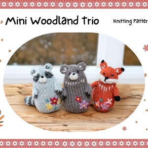 May include: Knitting pattern for a mini woodland trio of animals. The animals are a raccoon, a bear, and a fox. Each animal is knitted in a different color and has embroidered details. The pattern is called "Mini Woodland Trio" and is available for purchase.