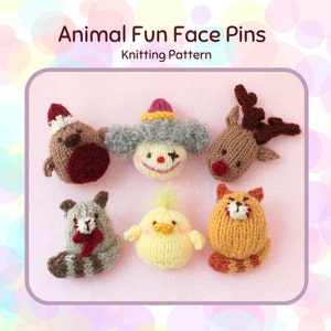 Può includere: Sei spille a forma di viso di animali in maglia, tra cui un cardinale rosso, un clown, una renna, un procione, un pulcino e un gatto. Le spille sono esposte su uno sfondo rosa con il testo "Animal Fun Face Pins Knitting Pattern".