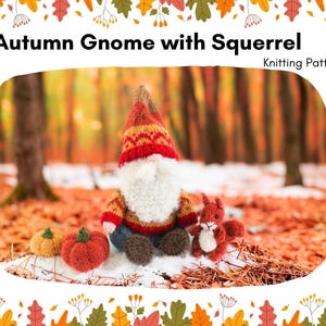 May include: A knitted gnome with a tall red and orange patterned hat, a white beard, and a striped sweater, sitting next to a small knitted squirrel and two miniature pumpkins. The text reads Autumn Gnome with Squerrel Knitting Pattern.