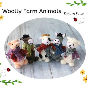 May include: Knitting pattern for five woolly farm animals: a pig, a horse, a cow, a donkey, and a sheep. Each animal is wearing a colorful scarf.