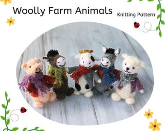 Woolly Farm Animals, Mini Animals with Jackets and Scarves, Knitting Pattern PDF