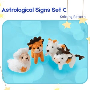 May include: Knitting pattern for astrological signs set C, featuring a white lamb, an orange lion, a white goat, and a black and white cow.