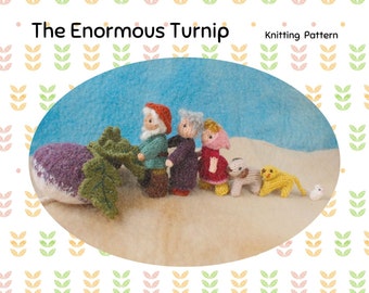 The Enormous Turnip Knitting Pattern PDF, Knitted dolls, dog, cat, mouse, and turnip set