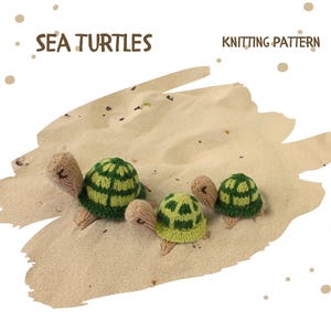 May include: Knitting pattern for three sea turtles. The turtles are green and yellow with brown eyes and are sitting on a sandy beach.