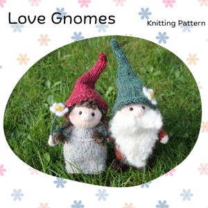May include: Knitting pattern for two love gnomes. One gnome is wearing a red hat and the other is wearing a green hat. Both gnomes have white beards and are standing on a bed of green grass.