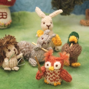 Knitted Woodland Musicians Set 2 of 2; Owl, Bunny, Duck, Squirrel, and Hedgehog