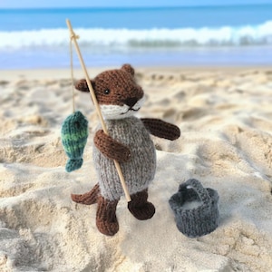 Fishing Otter, Hand-Knitted Otter, 13cm tall With Fishing Rod and Basket