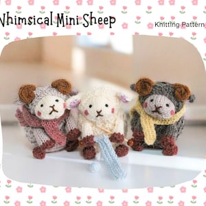 May include: Three small knitted sheep figures with brown horns and hooves. The left sheep wears a dusty pink scarf, the center sheep holds a light blue yarn project, and the right sheep wears a yellow scarf. Text reads Whimsical Mini Sheep Knitting Pattern.