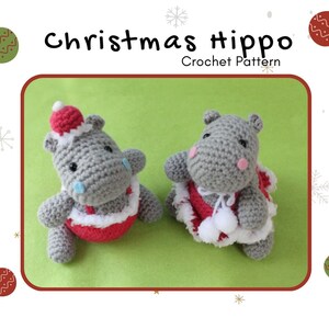Puede incluir: Dos juguetes de hipopótamo de crochet gris que llevan atuendos navideños rojos y blancos. El hipopótamo de la izquierda lleva un gorro de Papá Noel. El hipopótamo de la derecha lleva un vestido rojo con ribetes blancos y un pompón blanco.