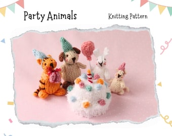 Party Animals Knitting Pattern PDF, Knitted Dog, Cat, Rabbit, Mouse, and Cake