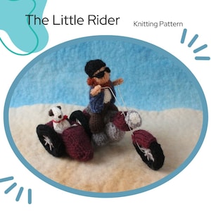 May include: Knitting pattern for a small knitted toy motorbike with a rider and a sidecar. The motorbike is red, grey, and white. The rider is wearing a blue jacket and sunglasses. The sidecar has a small white dog in it.
