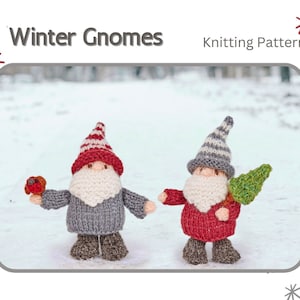 May include: Knitting pattern for two winter gnomes. One gnome is wearing a red and white striped hat and holding a red bird. The other gnome is wearing a grey and white striped hat and holding a green tree.