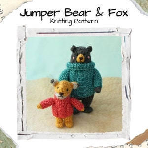 Knitted Bear and Fox in Cable Jumpers Knitting Pattern PDF