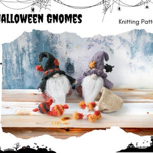 May include: Two knitted gnomes with white beards and pointed hats, one black and one purple, featuring small decorative accents. The image includes the text HALLOWEEN GNOMES Knitting Pattern. Small knitted candy corn shapes are scattered in front.