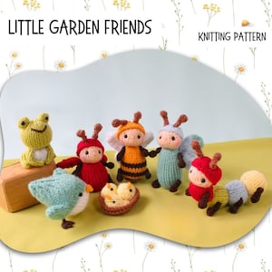 Little Garden Friends, knitted bugs, a frog, and birds, knitting pattern PDF