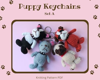 KNITTING PATTERN PDF Puppy Keychains Set (A); Boston Terrier, Bulldog, Boxer, and Pug