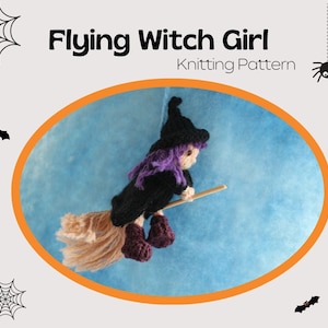 May include: A knitted witch girl doll flying on a broomstick. The doll is wearing a black dress, purple hair, and a black witch hat. The doll is against a blue background with a white oval border.
