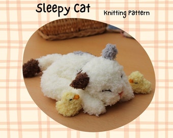 Sleepy Cat and Chick, Fleecy Cat Knitting Pattern PDF