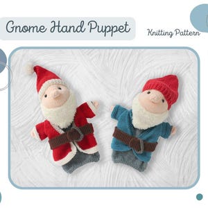 May include: Two knitted gnome hand puppets, one in red and white with a brown belt, and the other in blue and white with a brown belt. The puppets are lying on a white surface. The text "Gnome Hand Puppet Knitting Pattern" is visible in the image.
