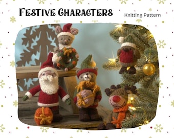 May include: A knitting pattern for festive characters. The image displays knitted figures including Santa Claus, a mouse with a wreath, a bear with a gift, a robin, and a reindeer. The characters are in various colours and near a Christmas tree.