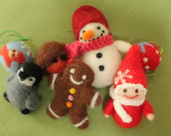 Felted Christmas Ornaments Bundle; Wet and Needle-felted Set of 7