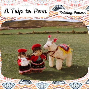 May include: Knitting pattern for a llama and two people wearing traditional Peruvian clothing. The llama is white with a yellow and red saddle. The people are wearing red hats and colorful skirts. The image is set against a green grassy field with a mountain range in the background.