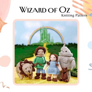 May include: Knitting pattern for Wizard of Oz characters. The pattern includes a lion, Dorothy, the Tin Man, and the Scarecrow. The characters are standing on the yellow brick road with the Emerald City in the background.