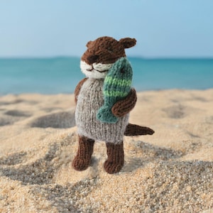 Fishing Otter, Hand-Knitted Otter with a Fish