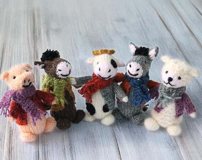 Hand-knitted Mini Farmyard Animals Set, Knitted Cow, Donkey, Pig, Horse ...