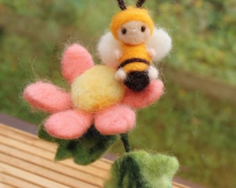 Felted Little Bee With Flower in a Pot Home Decor