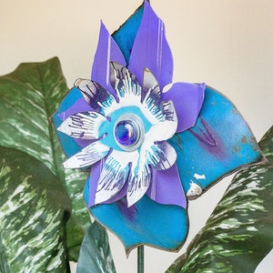 Metal Flower. Use as Wall Hanging or Garden Yard Art. Blue Purple White. Perfect Farmhouse Country Cottage decor. Great gift idea. 17-266 image 1