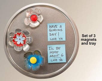 Metal Flower Magnets - Set of 3 and Tray. Decorate refrigerator, file cabinet, door, mailbox, shed, fence, wall - anything steel. M16-619