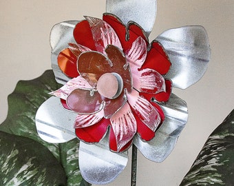 Metal Flower. Use as Yard Art Garden Stake or Wall Hanging. Great gift idea. Farmhouse Country Cottage. Handcrafted OOAK. Red Silver. 17-296