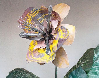 Fancy Metal Flower Sculpture with quirky flatware stamens. Use as Yard Art Garden Stake or Indoor Outdoor Wall Hanging. Unique gift. 18-253