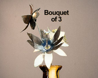 Metal Wildflowers - Bouquet of 3. Flower Arrangement from Repurposed Metal. Primitive Rustic Homestead. Unique Gift for Him or Her | M16-108