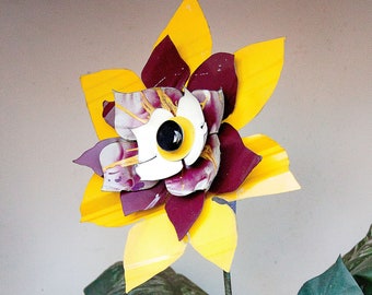 Indoor Outdoor Metal Flower. Use as a Yard Art Garden Stake or Wall Hanging. Unique gift. Country Cottage Farmhouse. Yellow burgundy. 18-200