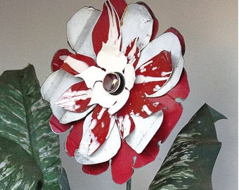 Metal Flower Sculpture. Use as Yard Art Garden Stake or Wall Hanging. Cottage Country Farmhouse Boho. Salvaged Recycled. Red White. 18-131
