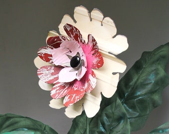 Big 13-inch Metal Flower. Use as Wall Hanging or Yard Art Garden Stake. Gift idea. Folk Cottage Boho Farmhouse decor. Cream burgundy. 18-266